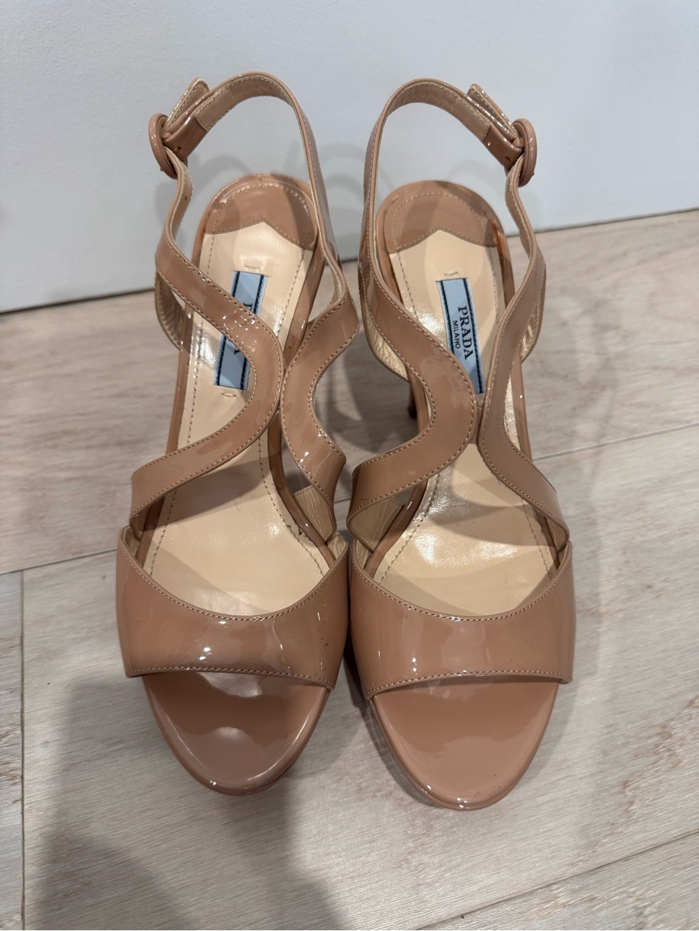 Prada Beige Patent Leather Strappy Slingback Sandals